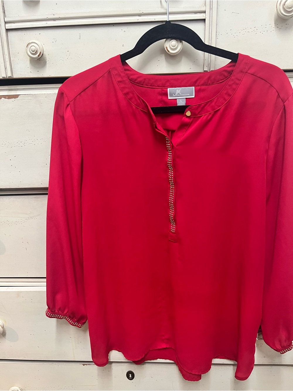 JM Collection Bright Red Split-Neck Blouse with Gold Trim